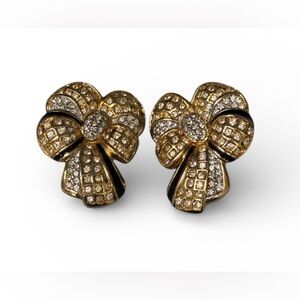 Vintage Swarovski Crystal Earrings Gold and Black Bow Clip-On